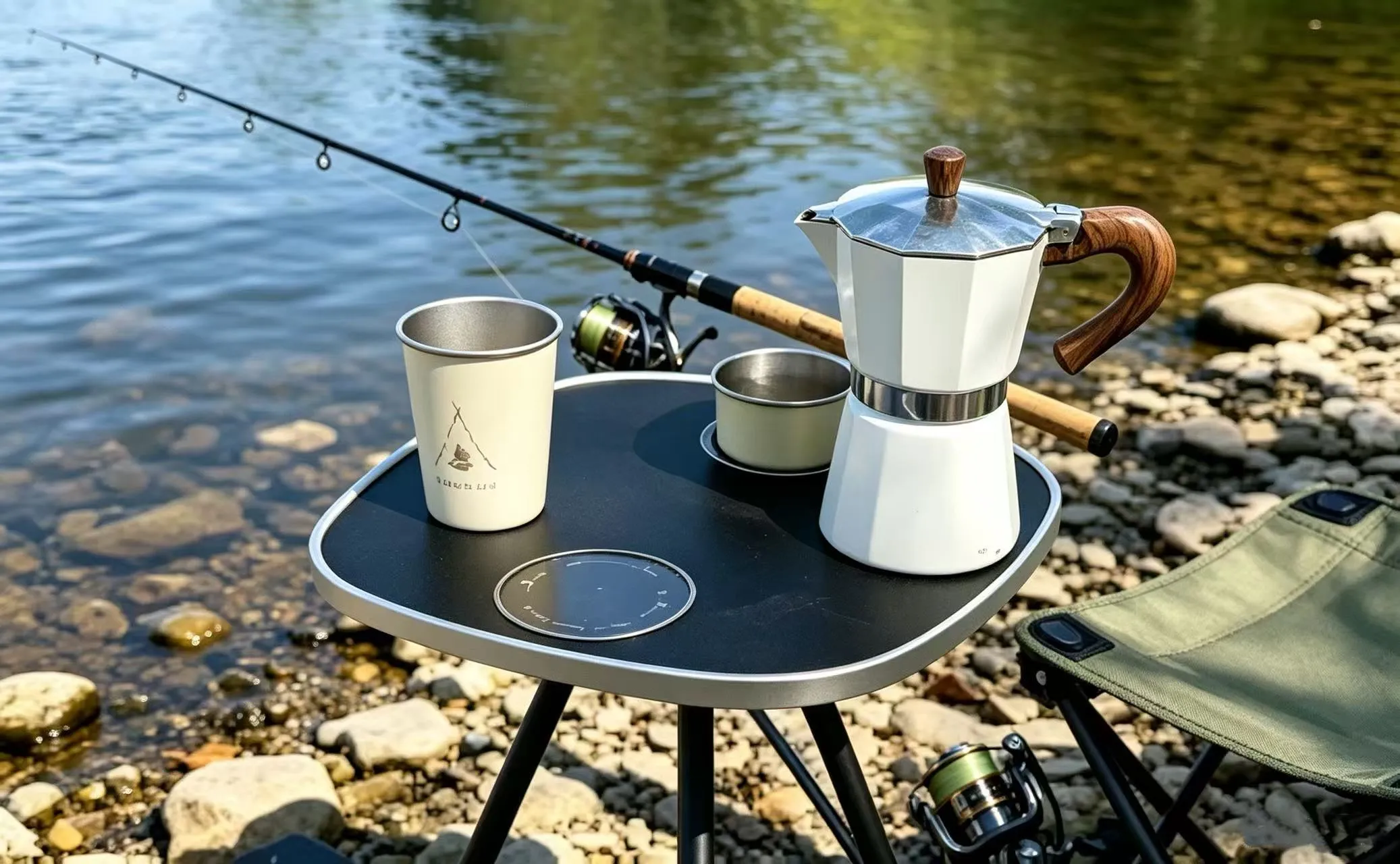 Der Tisch auf den Standbeinen am Flussufer mit Espressokanne und Bechern, daneben eine Angelrute