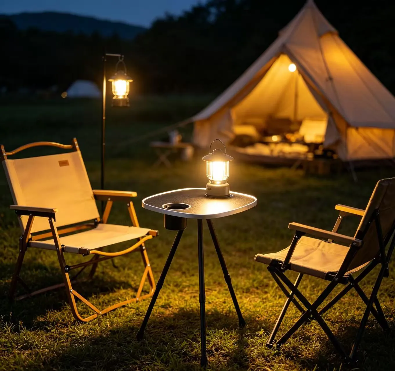Der Tisch auf den Standbeinen in der Dämmerung vor einem Zelt, eine Campinglaterne steht darauf
