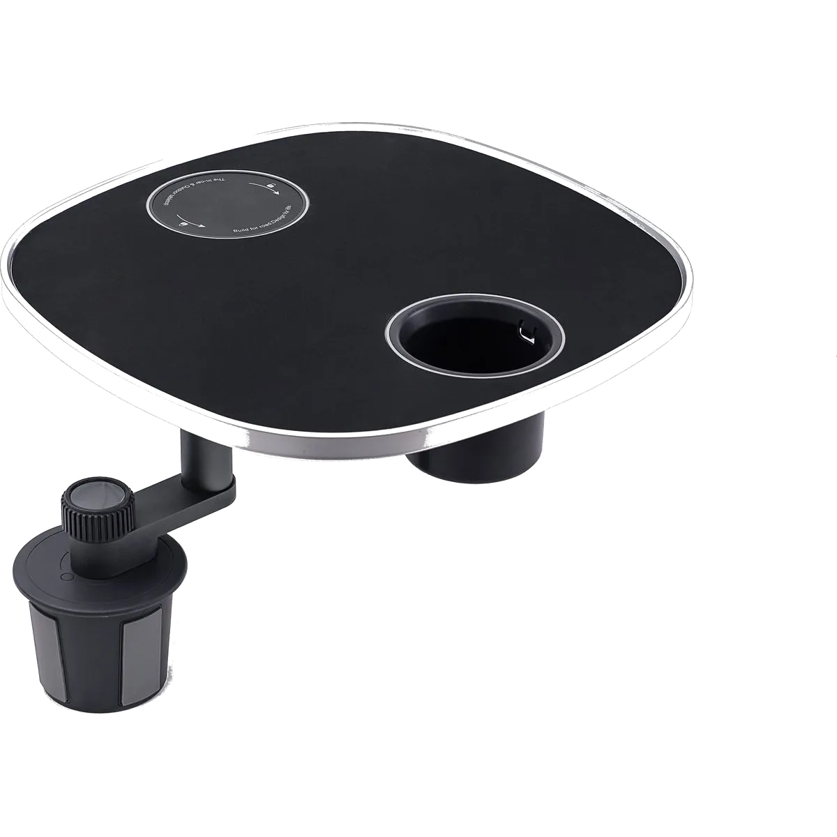 Schwarze Tischplatte auf der Cupholder-Basis montiert, freigestellt auf weißem Grund