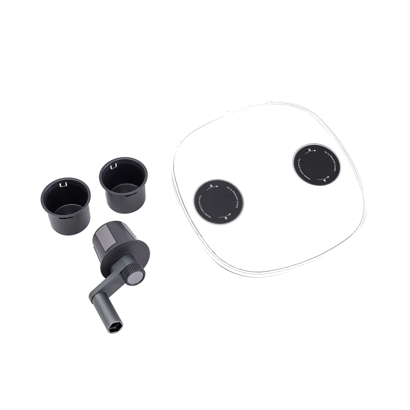 Der Lieferumfang auf weißem Grund: weiße Tischplatte, Cupholder-Basis mit Rohr und zwei Getränkehalter-Einsätze